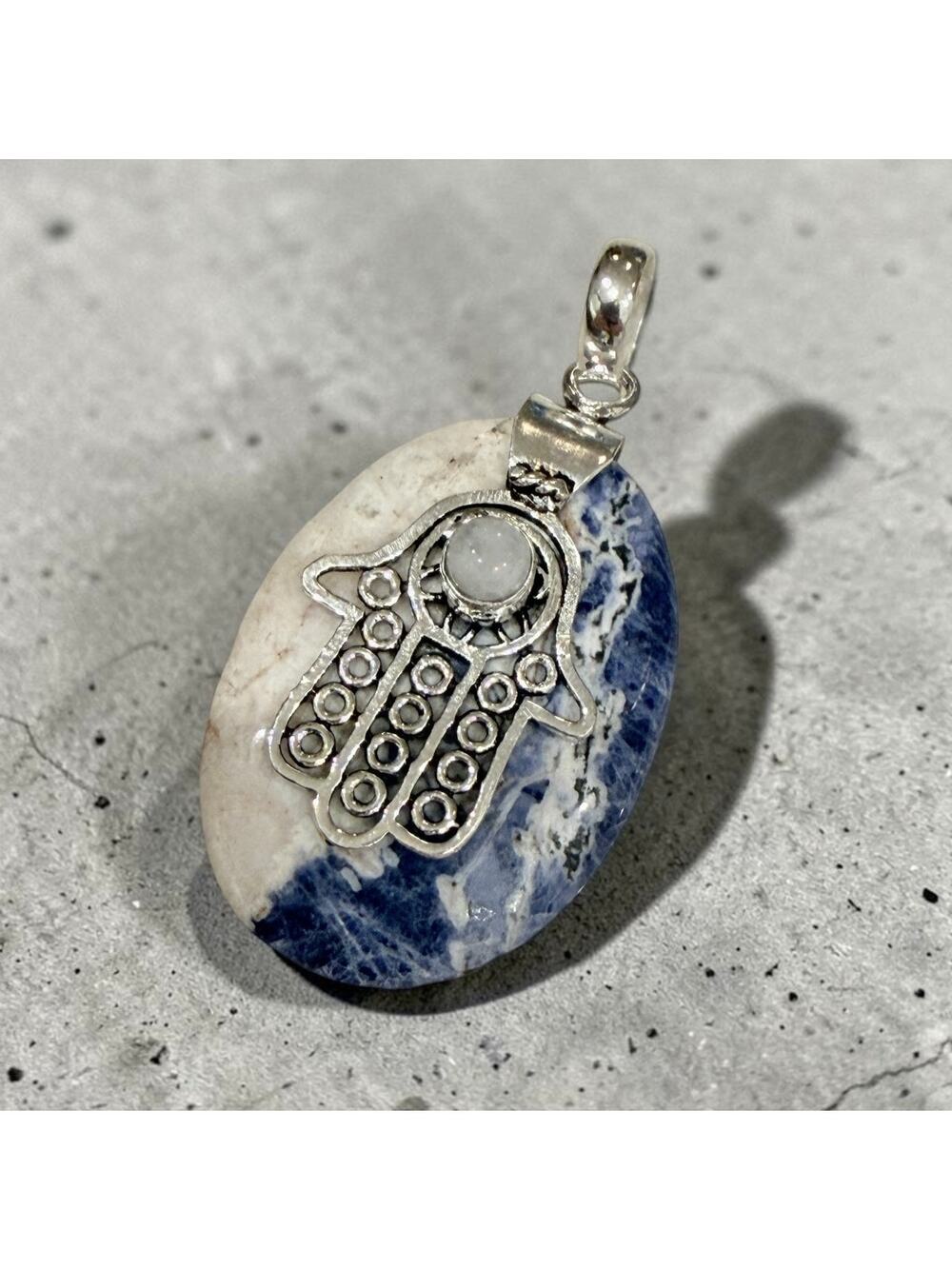 Hamsa Hand Sodalite & Rainbow Moonstone 925 Silver Plated Pendant